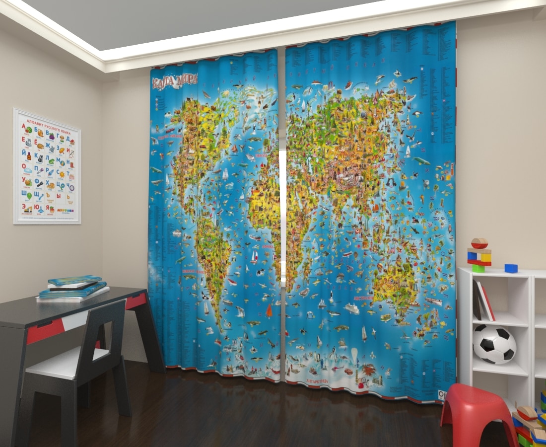 

3D фотошторы Art Paula Бесплатная доставка из РФ Сатен Блэкаут Фототюль Детская карта мира 2 шт