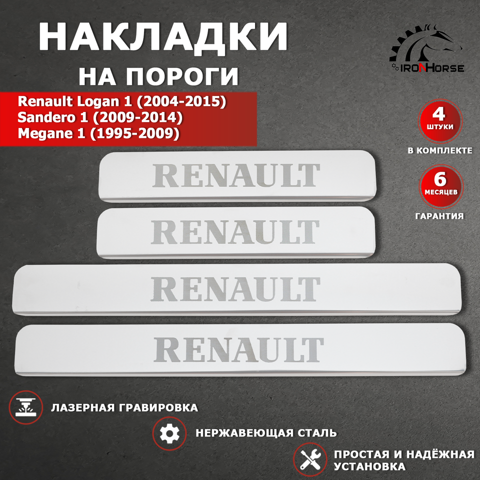 

Накладки на пороги ГРАВИРОВКА Рено Логан / Renault Logan 1; Сандеро / Sandero 1; Меган / Megane 1/2 надпись Renault