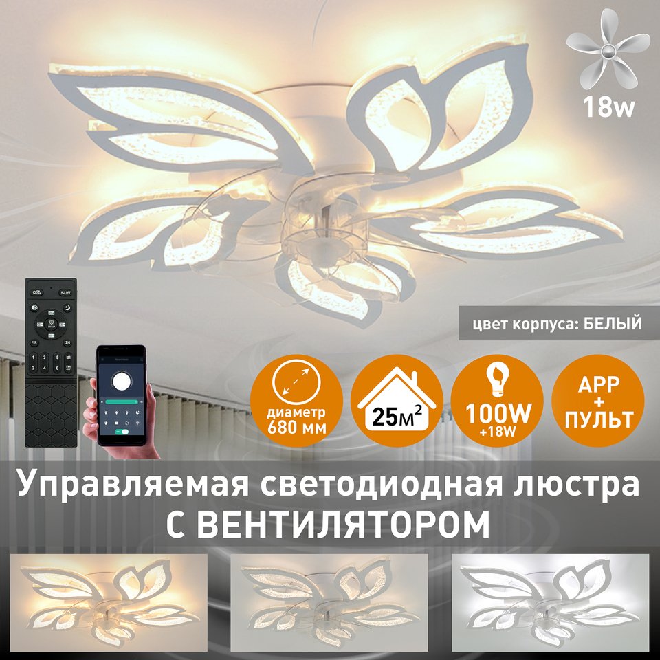 

Люстра потолочная с вентилятором Estares FAN ASTRA 100W+18W, управляемая, светодиодная