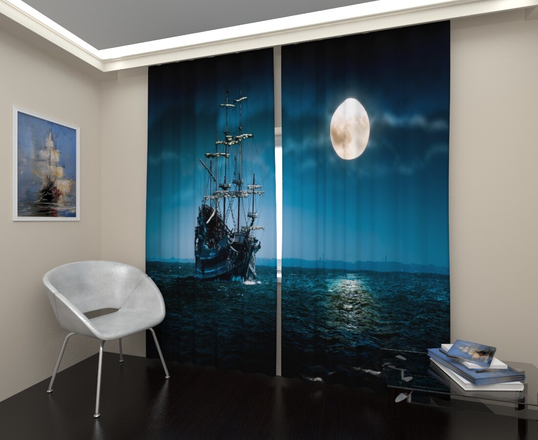 3D фотошторы Art Paula Бесплатная доставка из РФ Сатен Блэкаут Фототюль  Пиратский корабль 2 шт