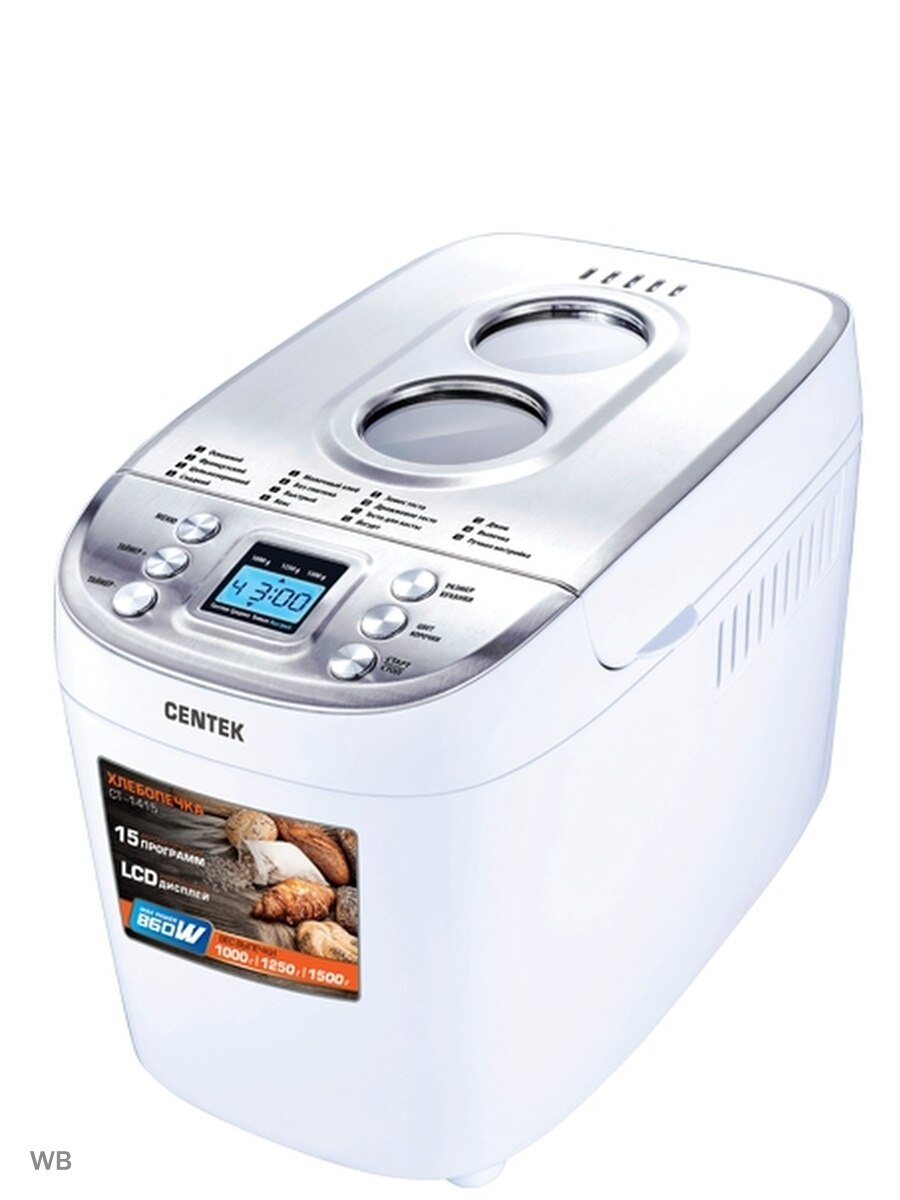

Хлебопечка Centek CT-1415 (бел/сталь) 1500 г БОЛЬШОЙ ОБЪЁМ, 860Вт, 15 программ, таймер, LCD, окошко