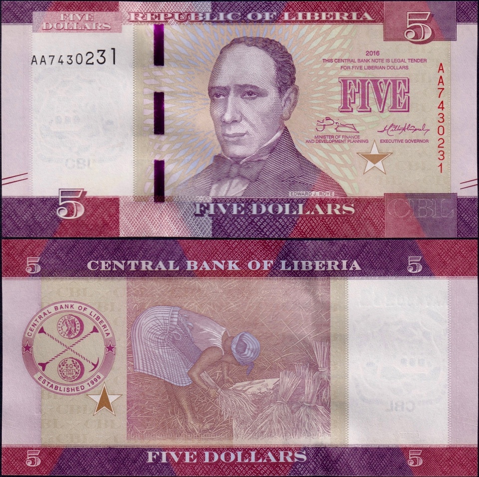 

Либерия 5 долларов 2016 год UNC