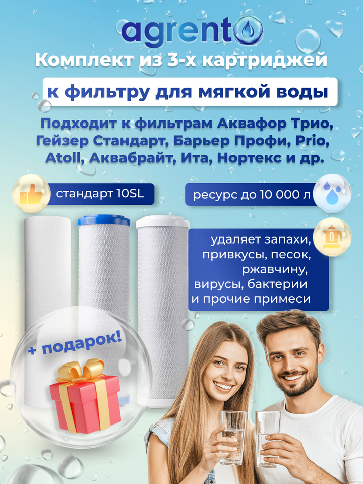 

Комплект сменных, 10SL, 3 штуки, к фильтру ТРИО НОРМА, Гейзер СТАНДАРТ, Барьер ПРОФИ и других из 3Х КОЛБ + ПОДАРОК!