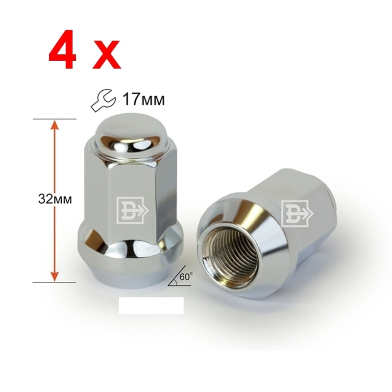 

4 шт. Гайка колёсная закрытая М12х1.5, М12х1.25, конус, высота 32 (35) мм, ключ 17, хром