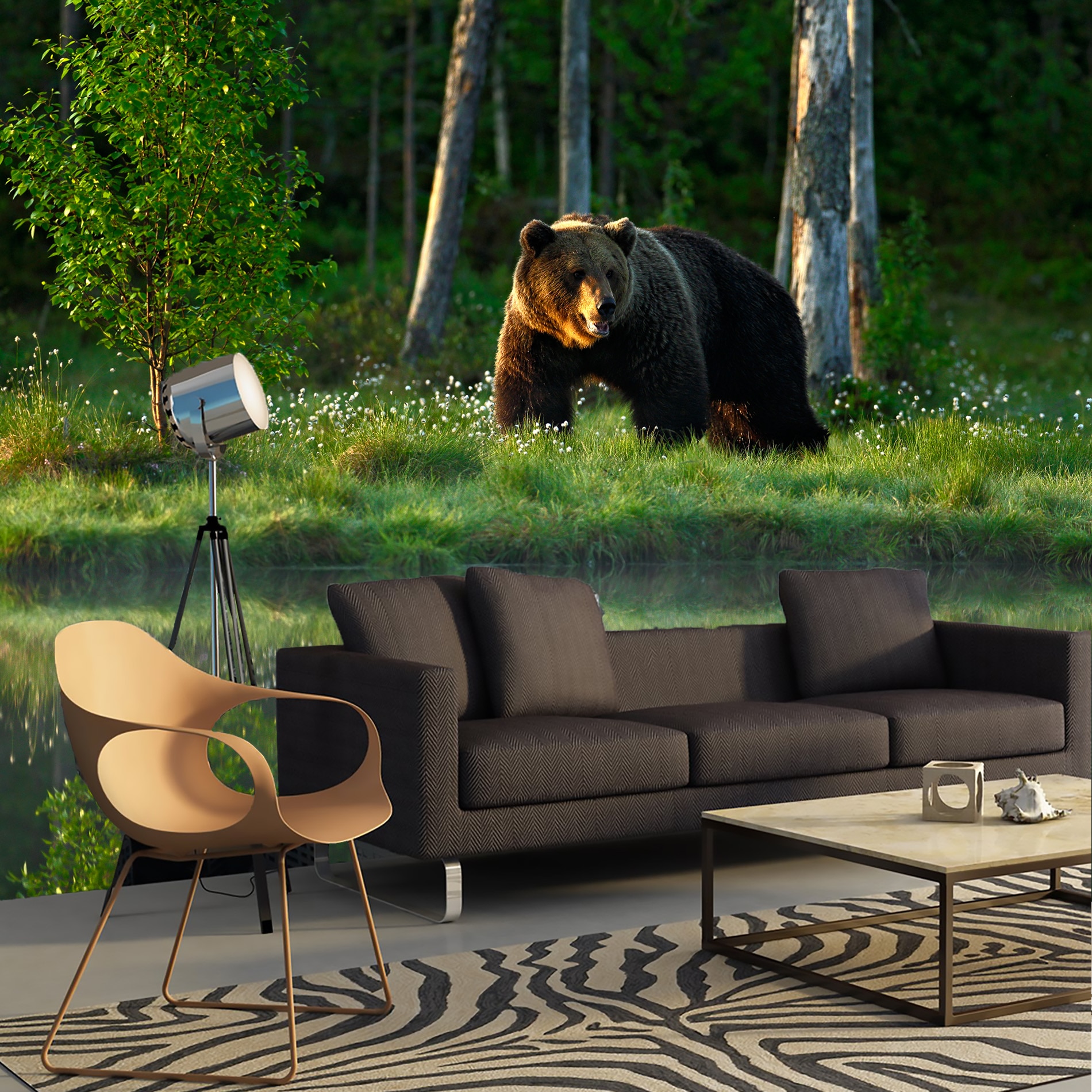 Обои фотообои фотообои 3d на стену обои флизелиновые фото обои на стену Бурый медведь у водопоя в красивом лесу.