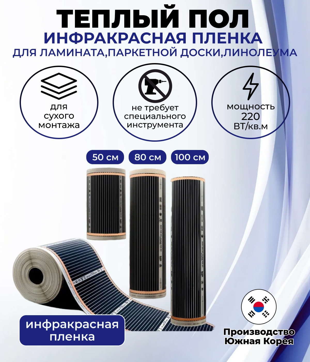 

Теплый пол, нагревательная пленка инфракрасная, на отрез ширина 50, 80, 100, Ю. корея 220вт для любого обогрева стен, пола,