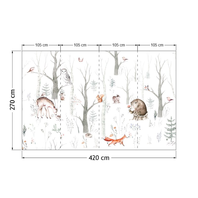 

Детские обои, флизелиновые фотообои для детской , моющиеся обои сканди стиль, фотообои сказочный лес, зверушки в лесу