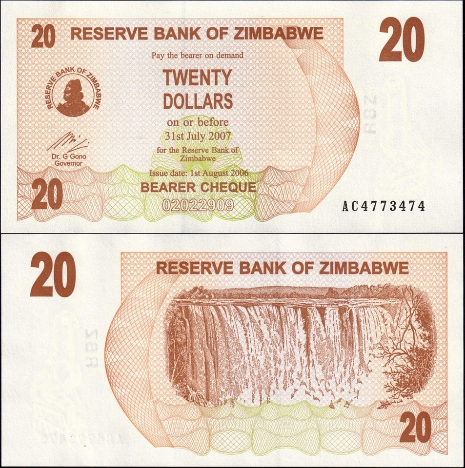 

Зимбабве 20 долларов 2007 год UNC