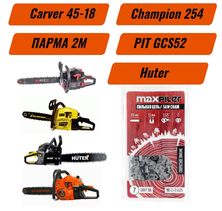 

Цепь для бензопилы PIT, Huter, Champion, Парма | 450мм./18",0,325",1,5 мм. 72 зв.