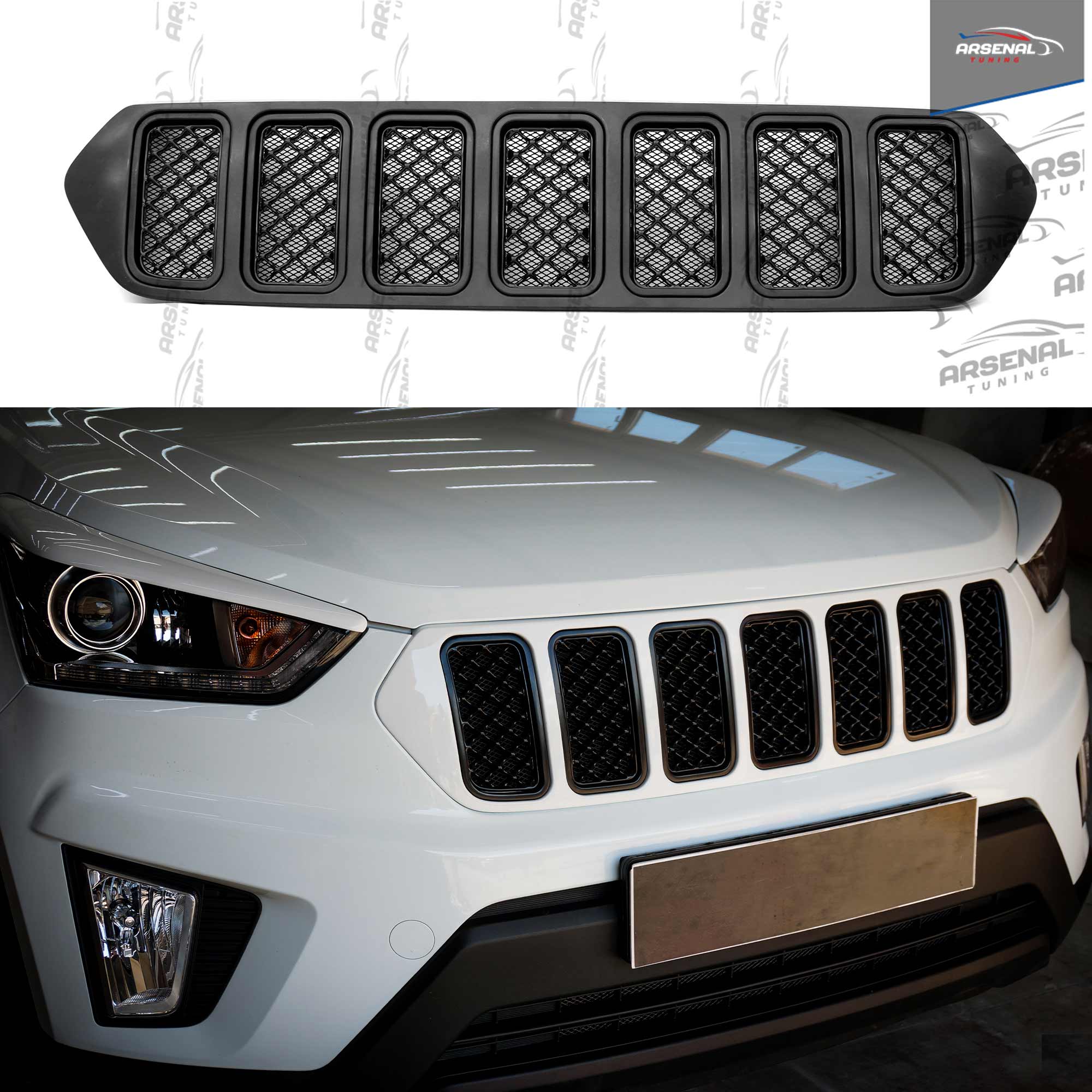 

Решетка радиатора в стиле Чероки для Хендэ Крета 2016-2021 (Дорестайлинг) АБС пластик, тюнинг, стайлинг, экстерьер, решетка