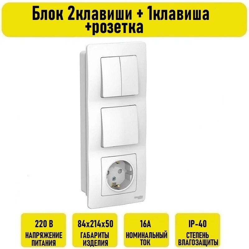 

Блок 2клавиши + 1клавиша +розетка с/з СП Sche