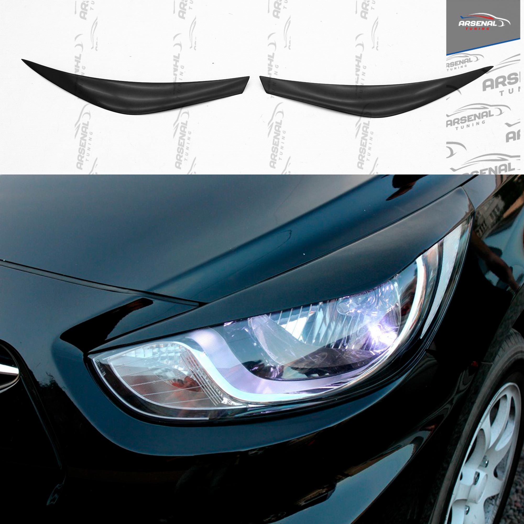 

Накладки на переднюю оптику широкие для Hyundai Solaris 2010-2013 дорестайлинг, АБС пластик, ресницы, накладки на фары, реснички