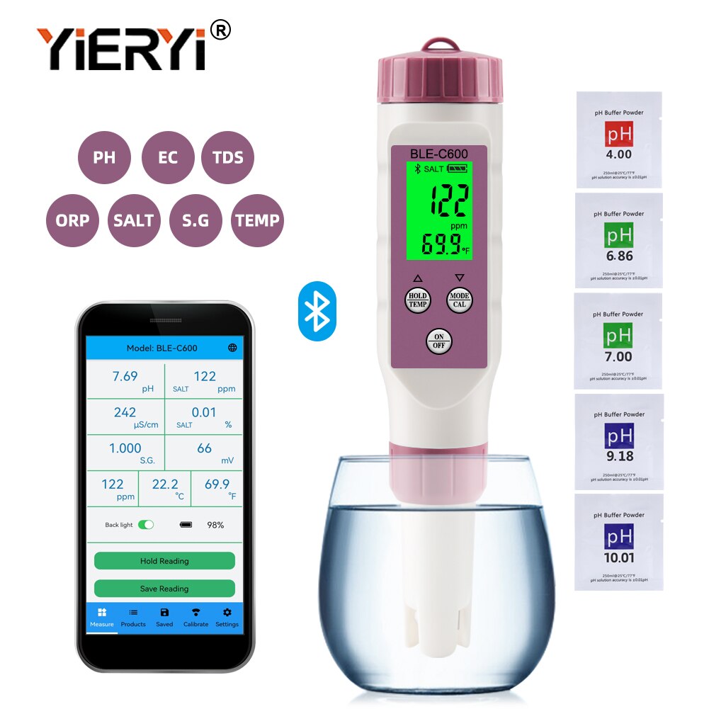 

Yieryi BLE-C600 Ручка качества воды синимзубом 7 в 1 PH/EC/TDS/ORP/SALT/S.G/TEMP Meter APP Интеллектуальный тестер управления