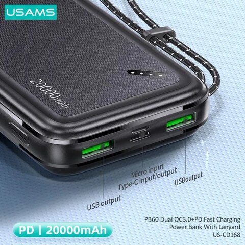 Внешний аккумулятор Повербанк USAMS 20000 mAh USAMS US-CD168 PB60 (2USB/QC/PD/22.5W) Черный