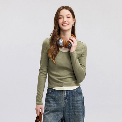 Semir Футболка Длинным Рукавом Женская КоротКая Стильная Искусственная Двухсекционная Внутренняя Часть С Цветными Блоками