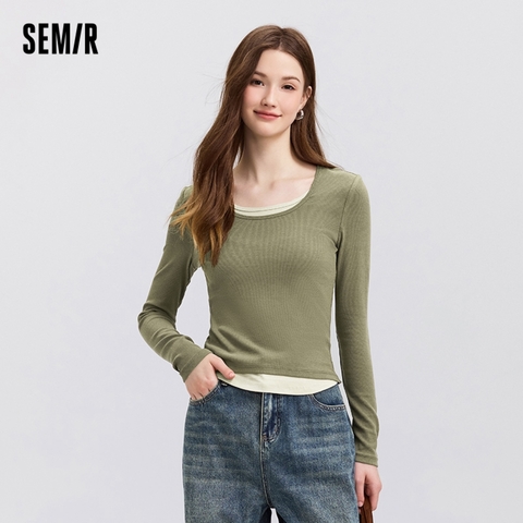 Semir Футболка Длинным Рукавом Женская КоротКая Стильная Искусственная Двухсекционная Внутренняя Часть С Цветными Блоками