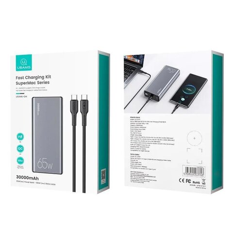 USAMS Внешний аккумулятор US-CD165_USB_USB Type-C, 30000 мАч, серый металлик