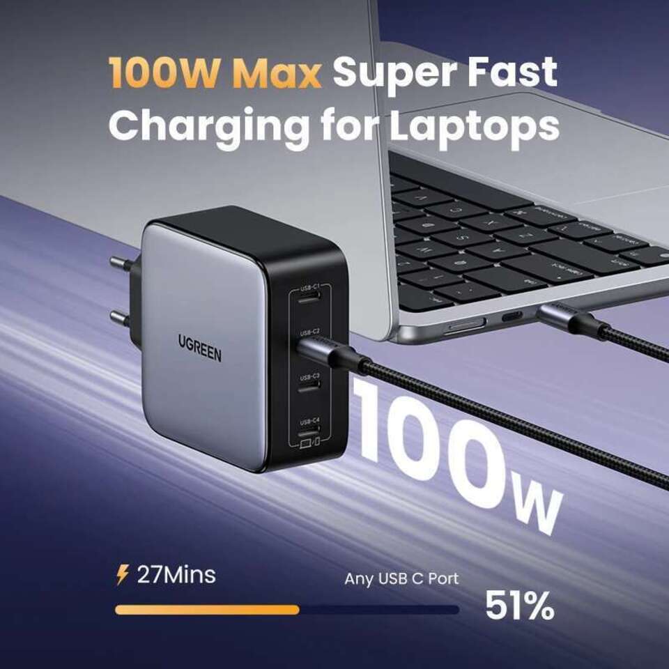 UGREEN зарядное устройство 100W GaN QC4.0 3.0 PPS для ноутбуков Macbook Air планшетов IPhone 16 15 14 Pro Max 4 портов типа C PD быстро
