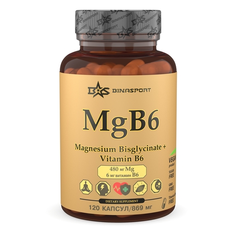 Магний Хелат с витамином В6 по 486 мг 120 капсул Binasport "Magnesium Bisglycinate + Vitamin B6" бад для спокойствия и сна