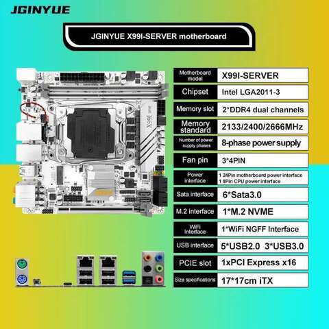 Плата JGINYUE X99 Itx LGA 2011 - 3 Поддержка Процессора E5 V3 V4 DDR4 ECC RAM 2.5G Сетевая Карта X99i Server