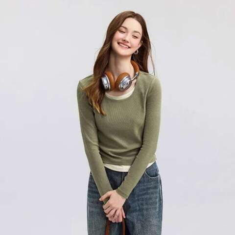 Semir Футболка Длинным Рукавом Женская КоротКая Стильная Искусственная Двухсекционная Внутренняя Часть С Цветными Блоками