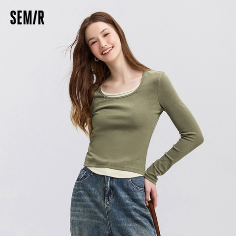 Semir Футболка Длинным Рукавом Женская КоротКая Стильная Искусственная Двухсекционная Внутренняя Часть С Цветными Блоками