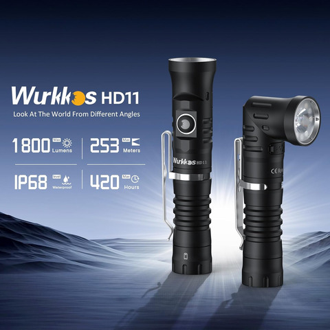Wurkkos HD11 Аккумуляторная лампа 1800LM EDC Белый и красный свет 90°° Вращающаяся 18650 IPX-8 водонепроницаемая фонарик для кемпинга и рыбалки