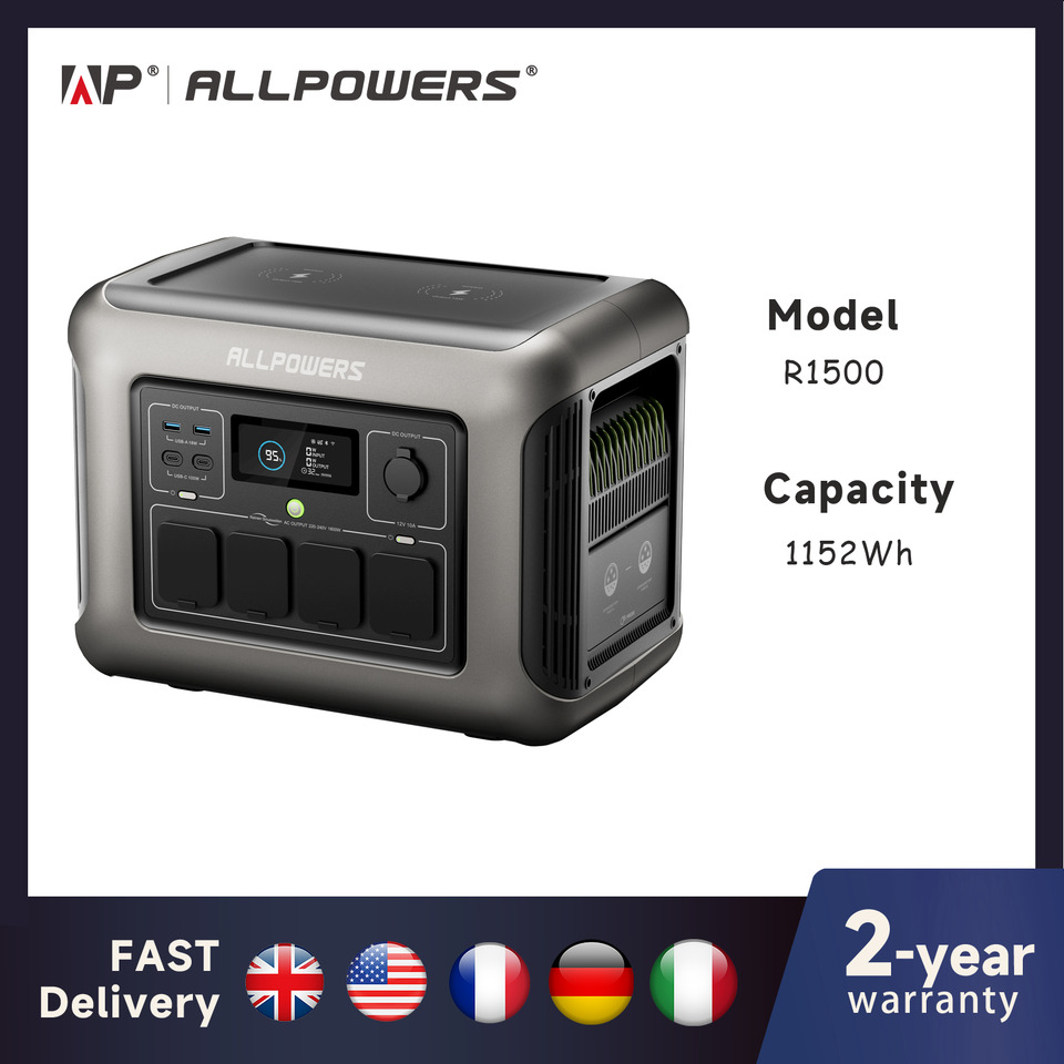 Портативная электростанция ALLPOWERS R1500 с аккумулятором LiFePO4 мощностью 1152 Втч и солнечным генератором переменного тока мощностью 1800 Вт (пиковая мощность 3000 Вт) для вечеринки в саду