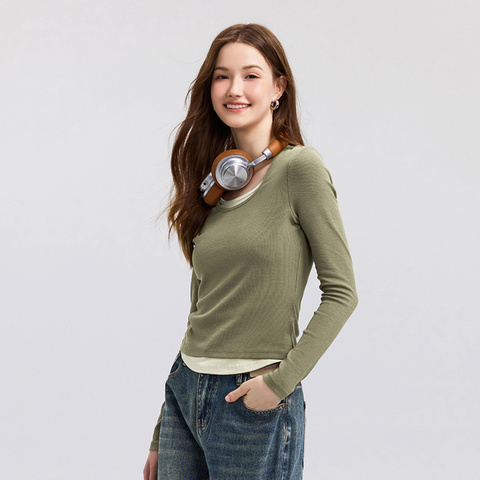 Semir Футболка Длинным Рукавом Женская КоротКая Стильная Искусственная Двухсекционная Внутренняя Часть С Цветными Блоками