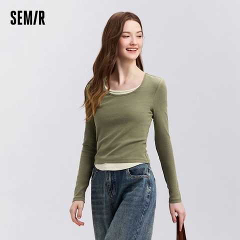 Semir Футболка Длинным Рукавом Женская КоротКая Стильная Искусственная Двухсекционная Внутренняя Часть С Цветными Блоками