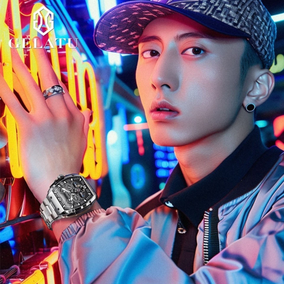 Gratu Br часы бочкообразная водонепроницаемая деловая полностью автоматическая механическая полный скелетонизированный циферблат мужская